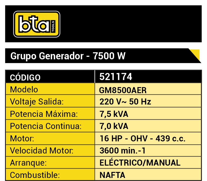 Grupo Electrogeno Naftero 7500W 16 Hp ▷ GM8500AER ◁ BTA Tools 2 Grupo Electrogeno Naftero 7500W 16 Hp ▷ GM8500AER ◁ - Imagen 2
